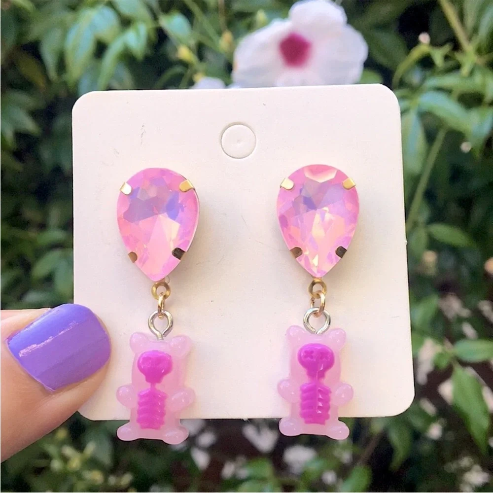 Pink Opal Aurora Borealis Crystal + Skeleton Gummy Bear Halloween Drop Earrings